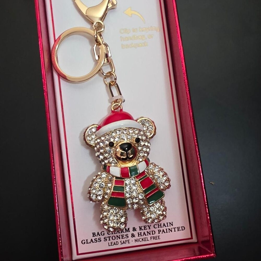 Piper K Glass Stones & Hand Painted Christmas Teddy Bear Keychain or Bag Charm